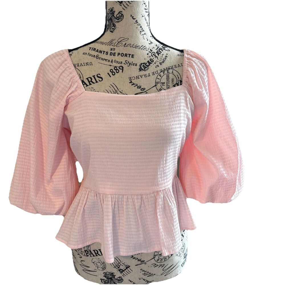 Pink Peplum Puff Sleeve Cropped Blouse Open Tied Back Coquette Romantic Glam